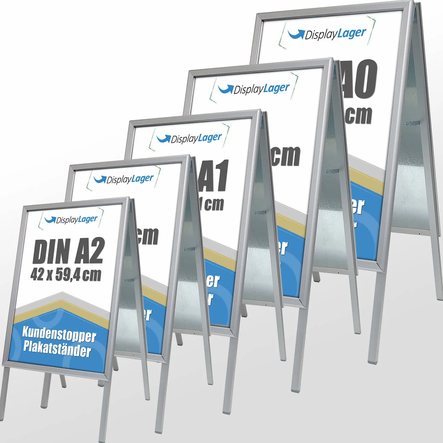 DisplayLager, Calidad danesa | Tope para clientes de aluminio | 2 carteles (ambos lados) | Soporte para carteles resistente a la intemperie para aceras (plata, A0)