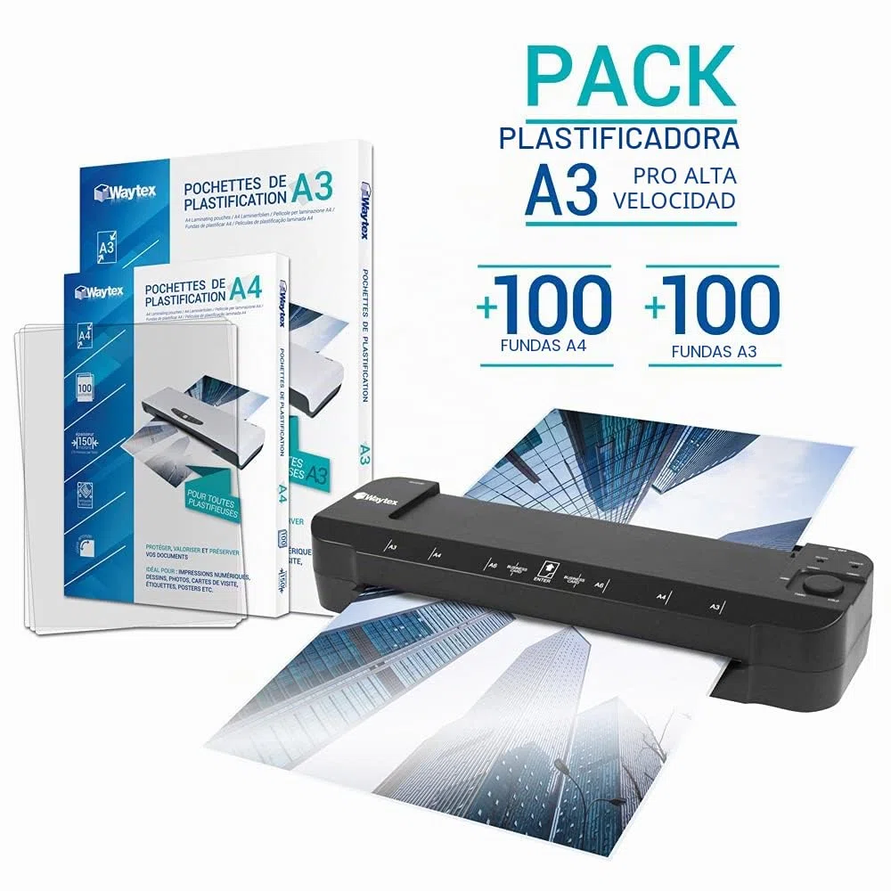 Waytex Plastificadora A3 A4 A5 A6 A7 Pro Ultra rápida en caliente y en frío hasta 2 x 150 micras. Temperatura ajustable para uso profesional intensivo Pack con 100 fundas A4 100 fundas A3