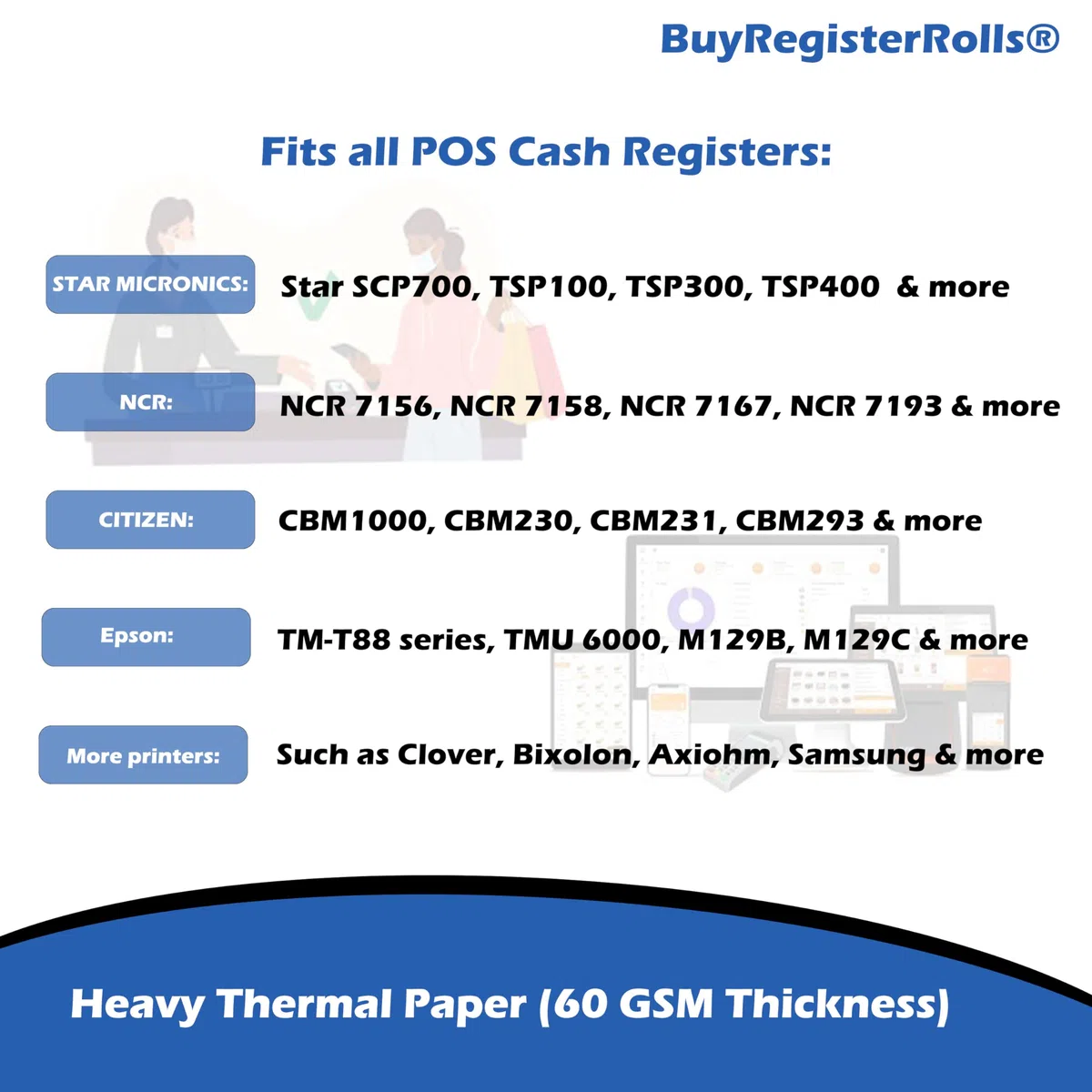 Rollos de papel térmico de 80 g/m² extra grandes (24 rollos) de 3 1/8 x 230 pulgadas (longitud térmica pesada de 200 a 230 pies) se adapta a todas las impresoras de caja registradora Clover POS de