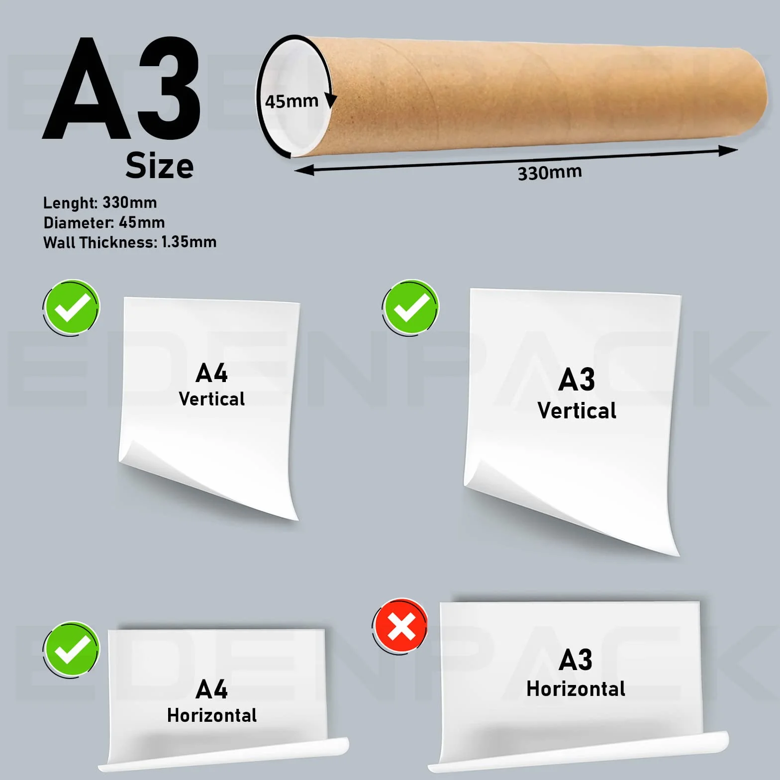 Tubos postales A3 de 330 mm x 45 mm para envío de pósteres (100 unidades)