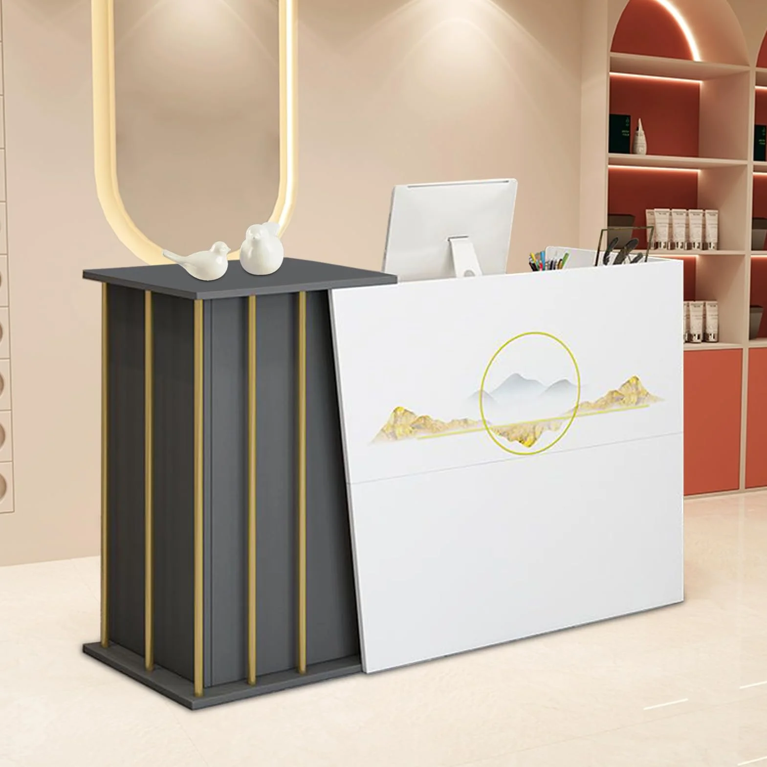 Mostrador de Recepción Peluquería, Mostrador Frontal con Cajón Cerradura y 4 Espacios de Almacenamiento, Mostrador Minorista para Caja, Escritorio de Madera para Computadora Hotel Oficina C 100cm