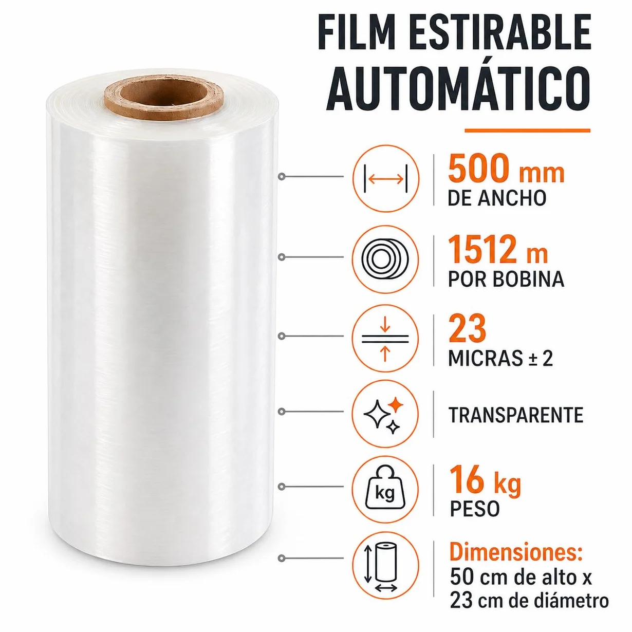 Film Estirable Automático Transparente 500 mm x 1512 m – Bobina Industrial 16 kg – 23 Micras ±2 – Plástico Stretch Film para Enfardadora Automática, Paletizado, Embalaje y Logística Profesional
