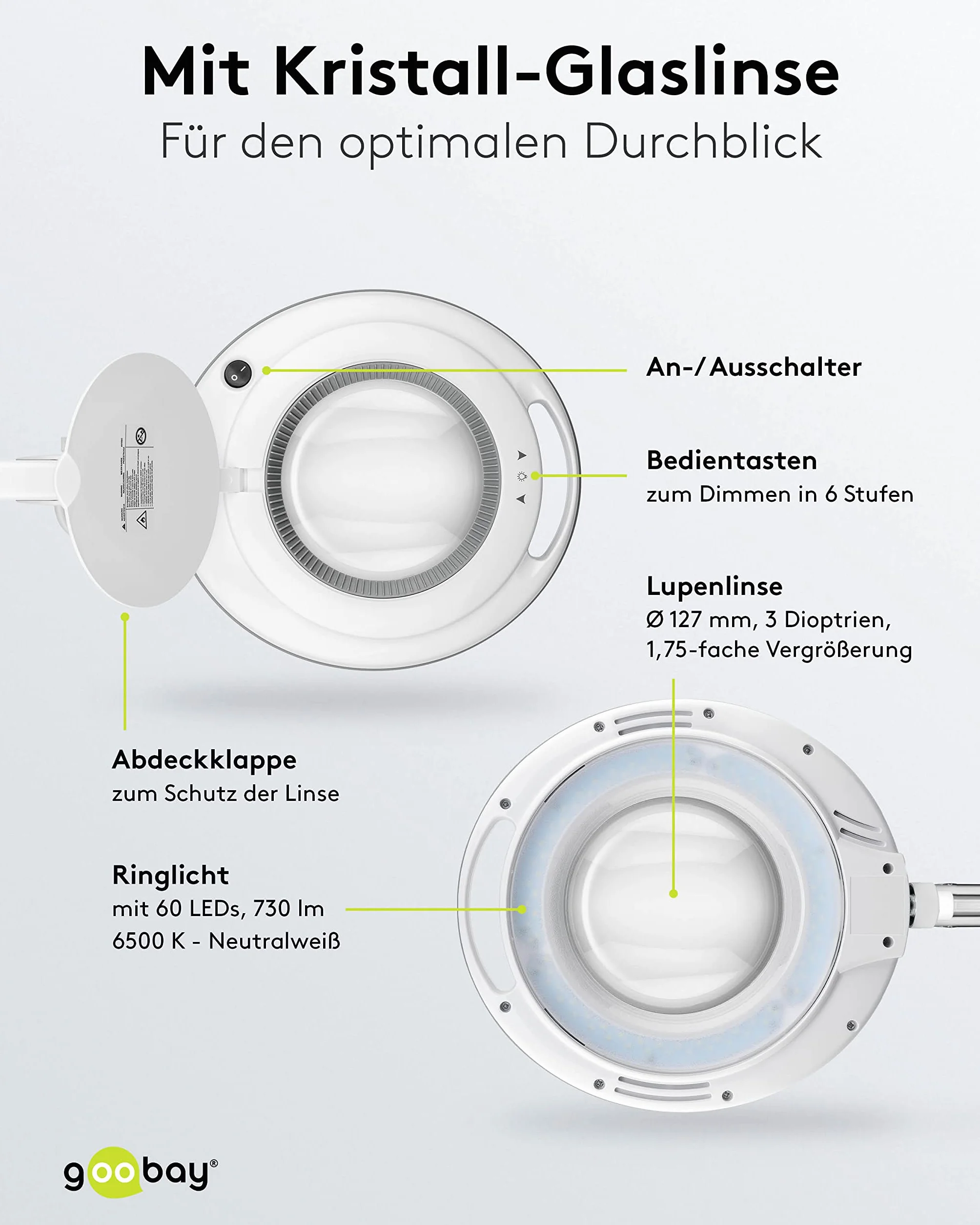 goobay 60362 Lámpara lupa LED con pinza / 9 W de consumo/lente de cristal de 127 mm/temperatura de color 6400 K / 1,75 aumentos/flujo luminoso 83-730 lumen/blanco