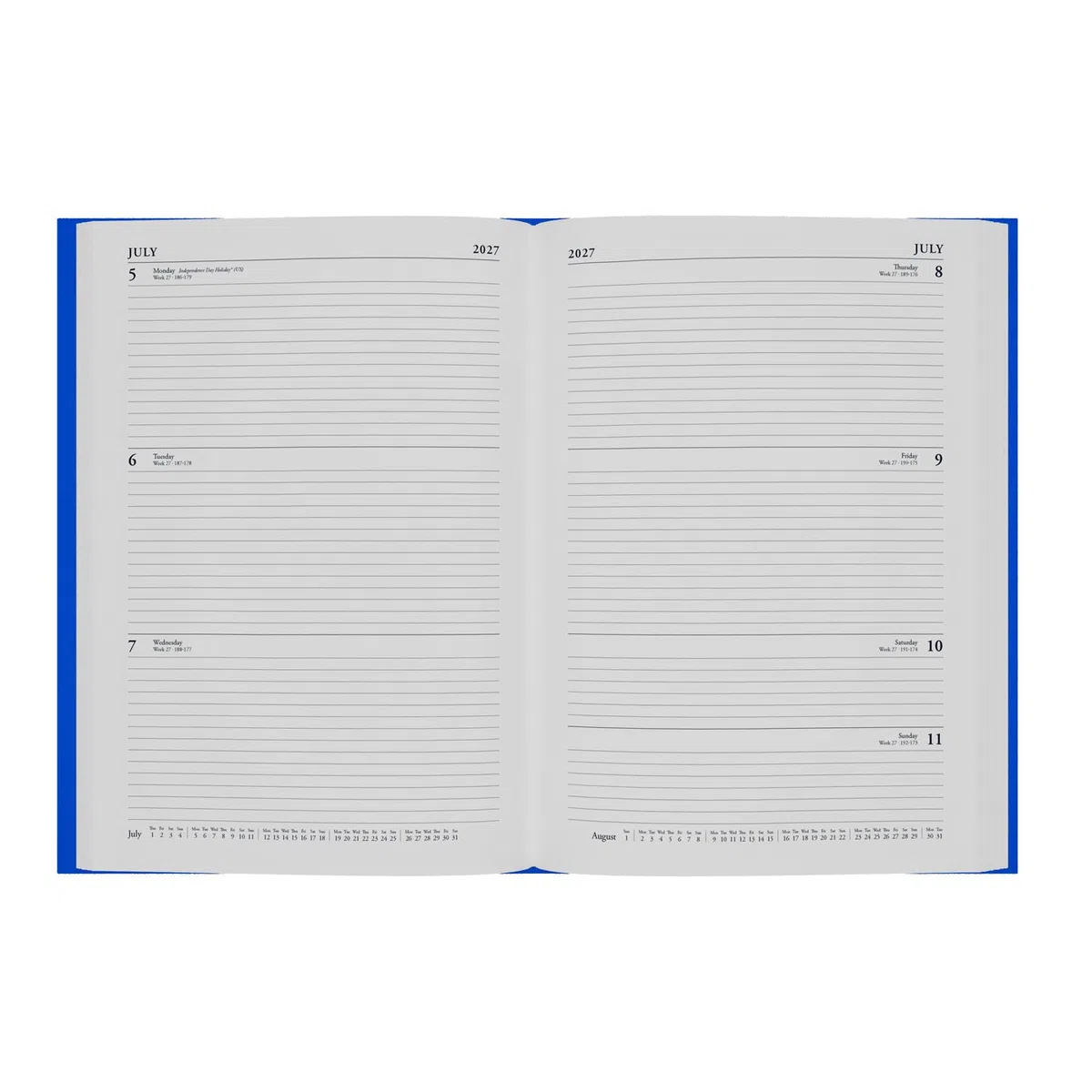 Agenda anual 2027, agenda semanal de 12 meses, tamaño A4, tapa dura en azul, gama esencial Collins Debden (ESSA43.60-27)