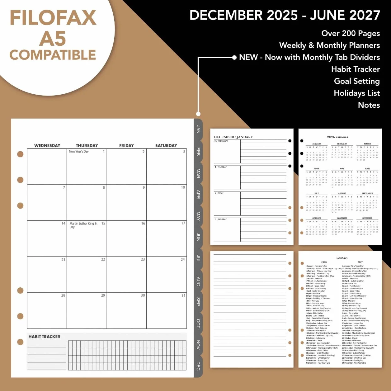 WANDERINGS Planificador A5 Cuero Carpeta - Diario Recargable 6 Anillas - Organizador Cuero Genuino Hecho a Mano Compatible Filofax