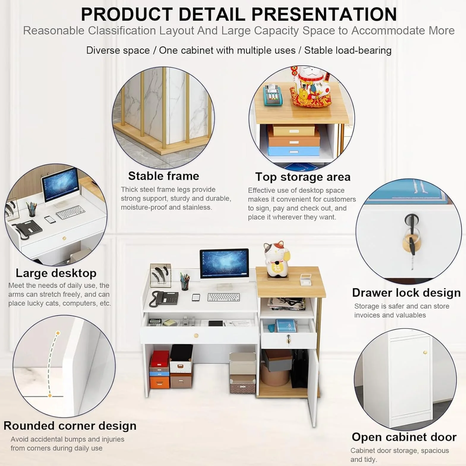 Mostrador de Recepción con Cajones y Estantes 120cm Mesa de Mostrador Moderno