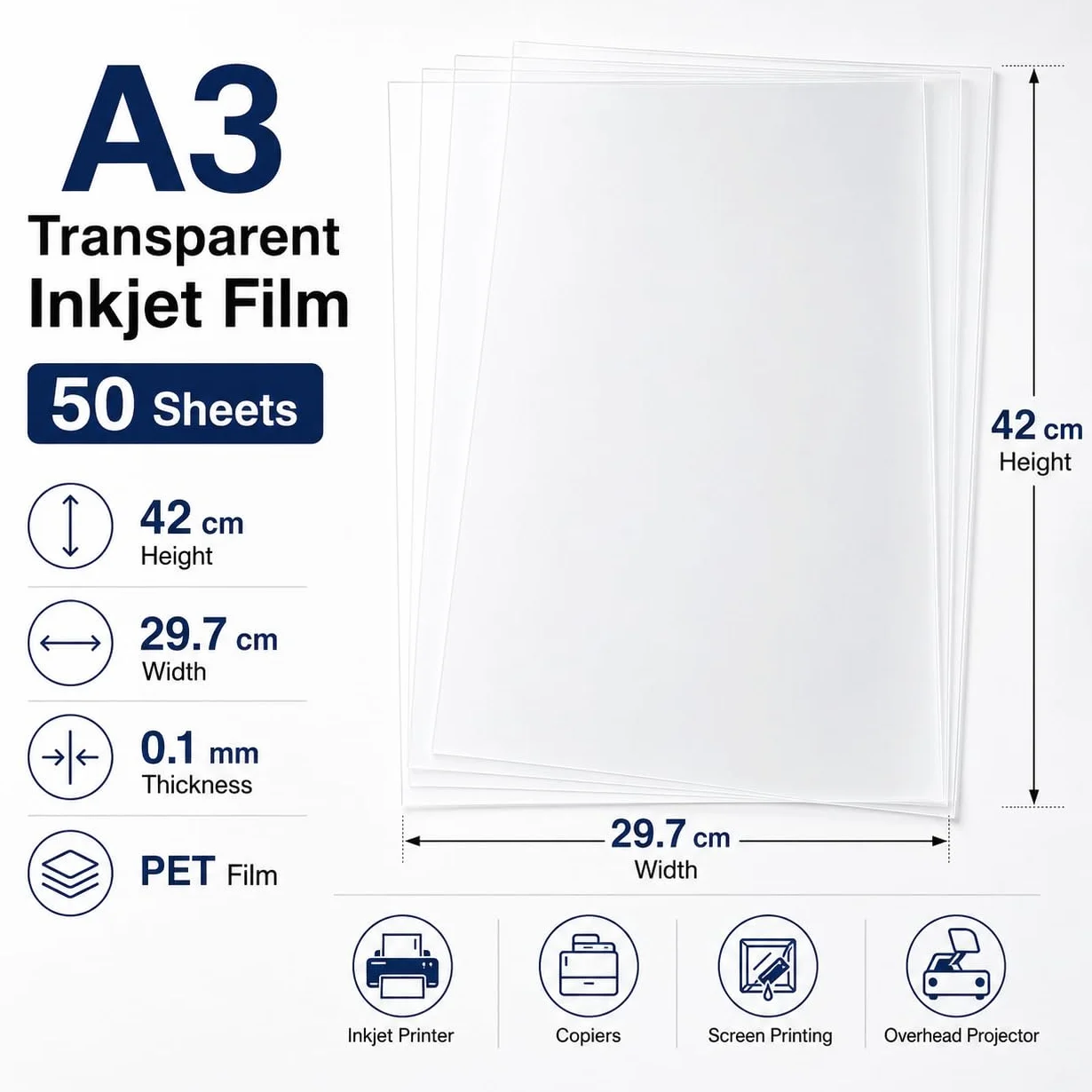 50 láminas de acetato transparente de inyección de tinta A3 de secado rápido, hojas de vinilo A3 para impresoras de inyección de tinta, proyector superior, impresión de pantalla, 420 x 297 x