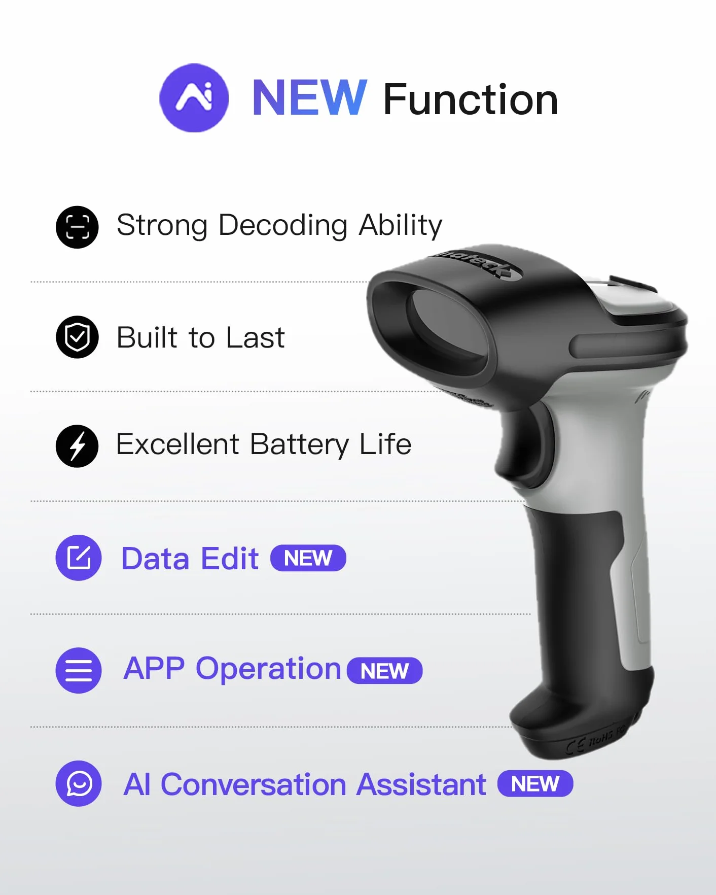 Inateck BCST-70 AI Escáner de Códigos de Barras Bluetooth 1D Inalámbrico Portátil con App y SDK, 180 días de Espera, Alcance 35 m