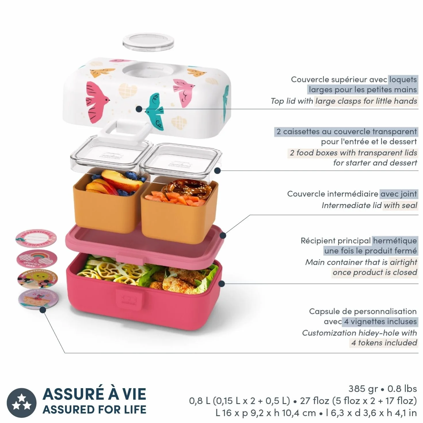 Monbento Fiambrera Infantil MB Tresor Rosa Birds Lonchera Niños Sin BPA Lunch Box