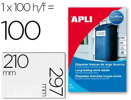 ETIQUETAS ADHESIVAS APLI 12121 TAMAÑO 210X297 MM POLIESTER RESISTENTE A LA INTERPERIE IMPRESION LASER
