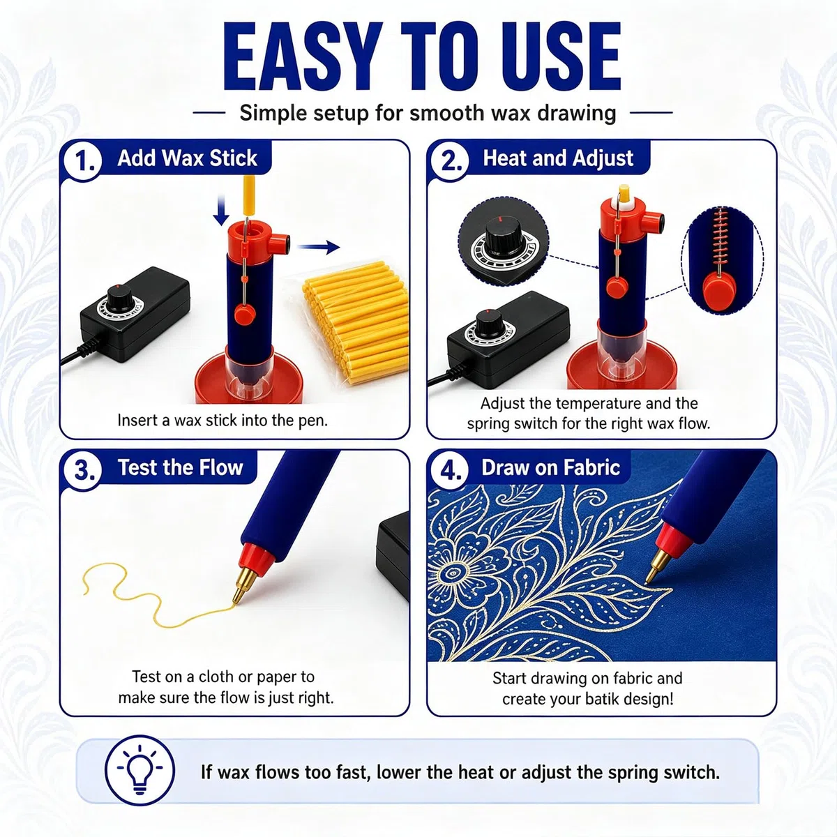 Lápiz de Cera Kistka Eléctrico con Temperatura Ajustable | Lápiz para Estampado Batik, Kit de Herramientas Batik, para Pintar y Dibujar sobre Tela y Actividades(A)