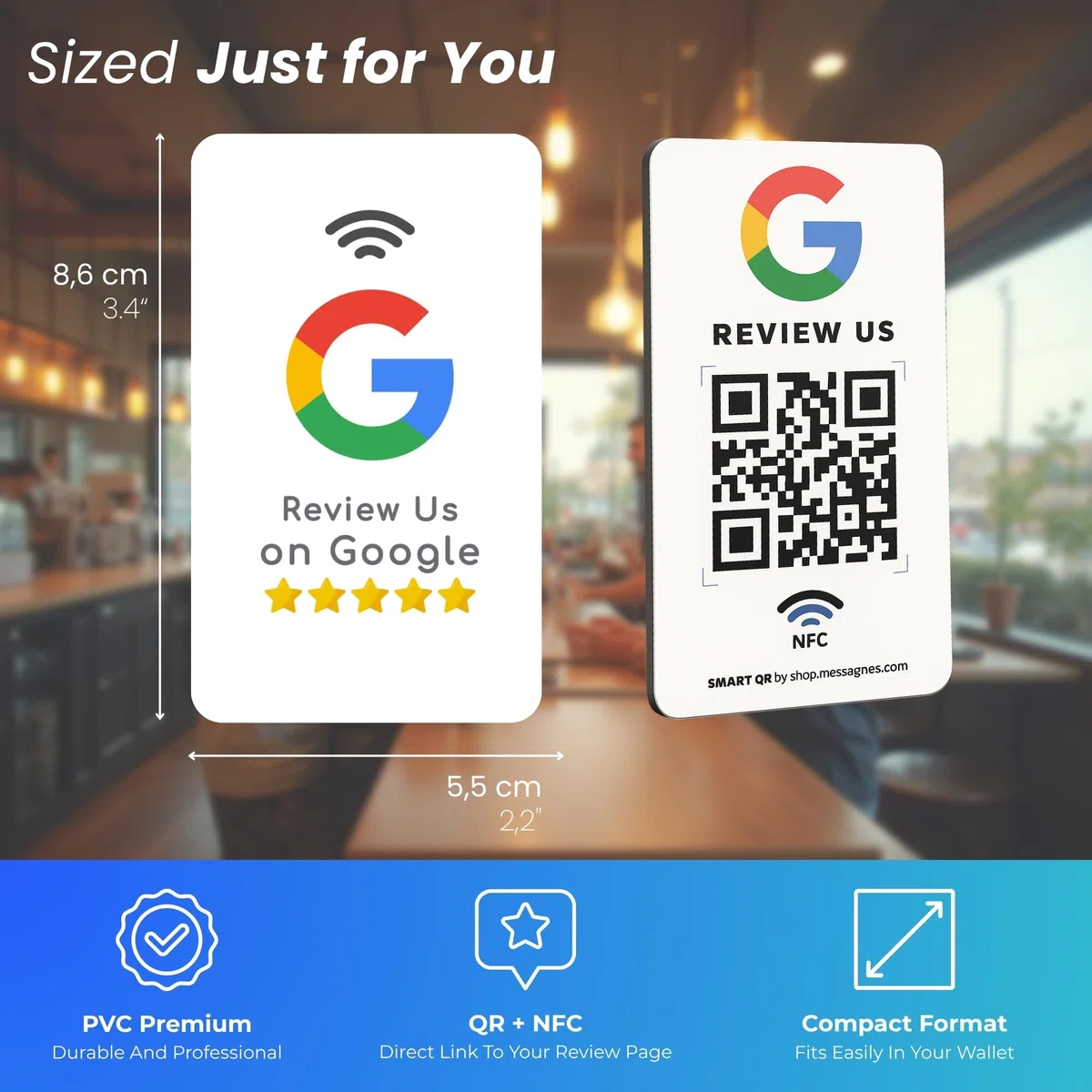 MESSAGENES - Tarjeta PVC con NFC y QR | Tarjeta para Conseguir Reseñas | Compatible con Google Business | Pack 5 Unidades | QR Dinámico Editable | Analíticas de Escaneo | Sirve para iPhone y Android