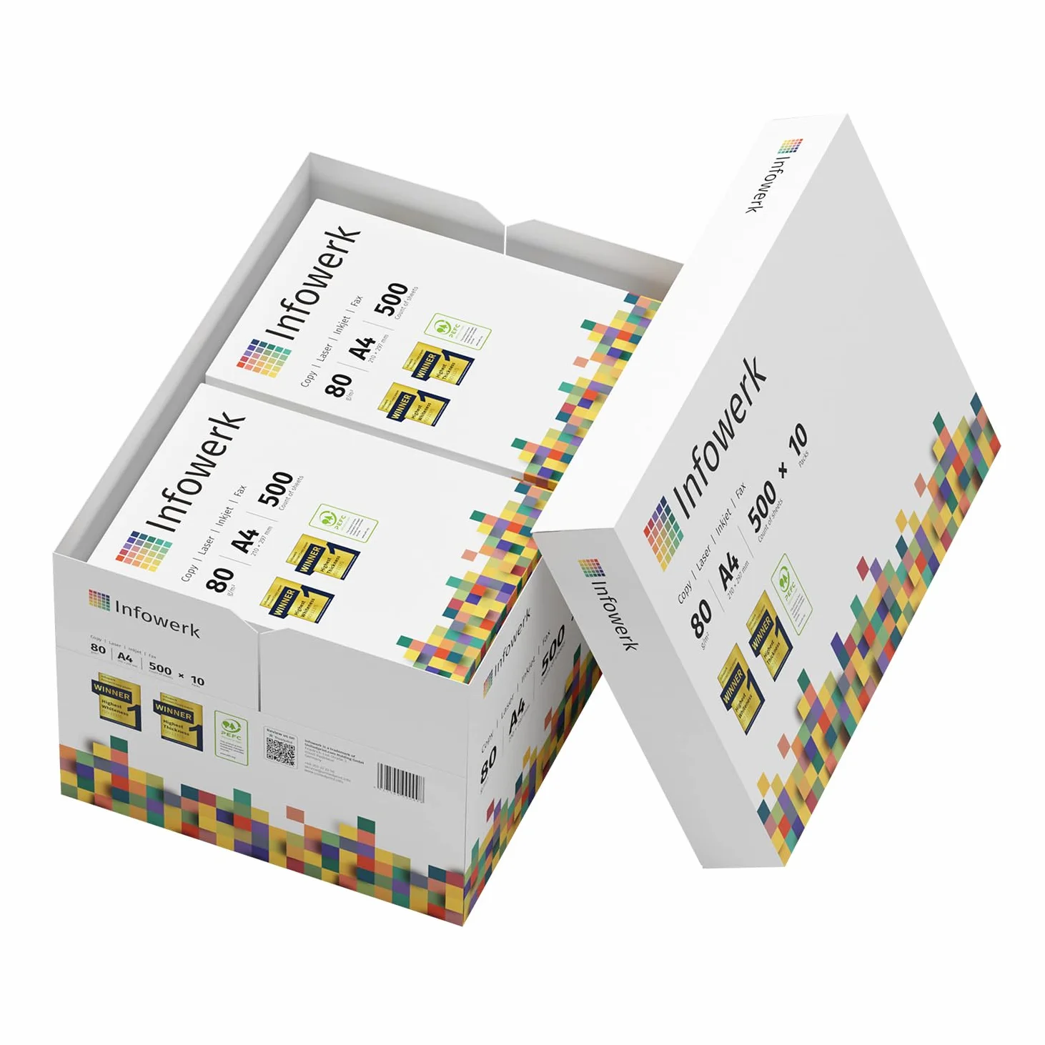 Papel multiusos para impresora, Folios A4, 80g, 10.000 Hojas, 20 Paquetes de 500, Color blanco, PEFC
