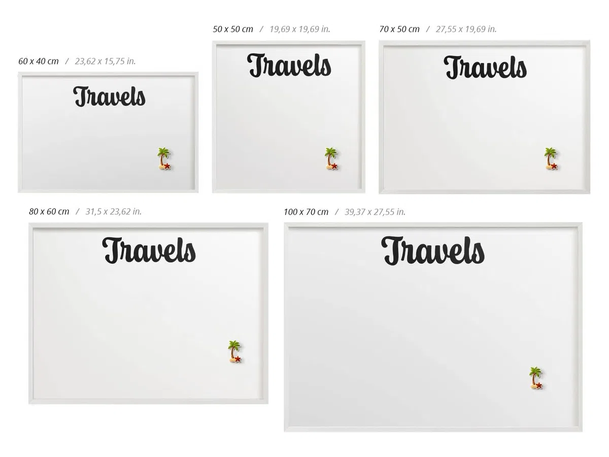 Panel Magnético 100x70 cm | con Marco Blanco | Travels | Montaje Fácil | Organizador de Pared | Para Recuerdos de Vacaciones | Expositor de Imanes de Nevera y Postales | Para Cocina