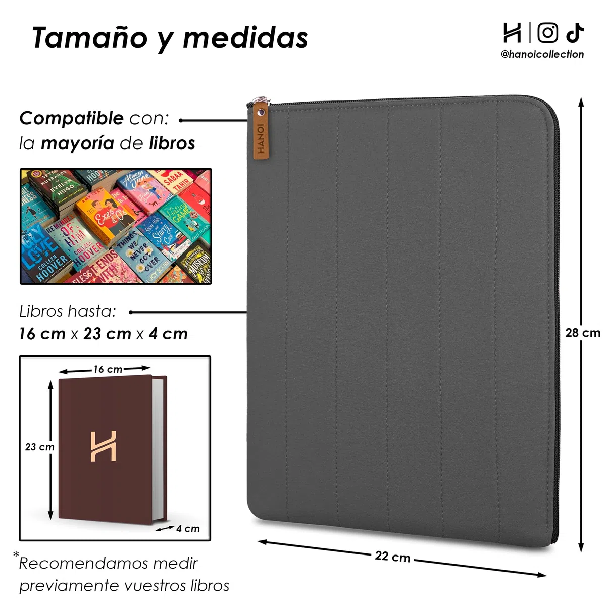 Lisboa™ Funda para libros con cremallera acolchada. Funda de libro acolchada grande. Funda protectora de libros de lectura (Gris Oscuro, Grande)