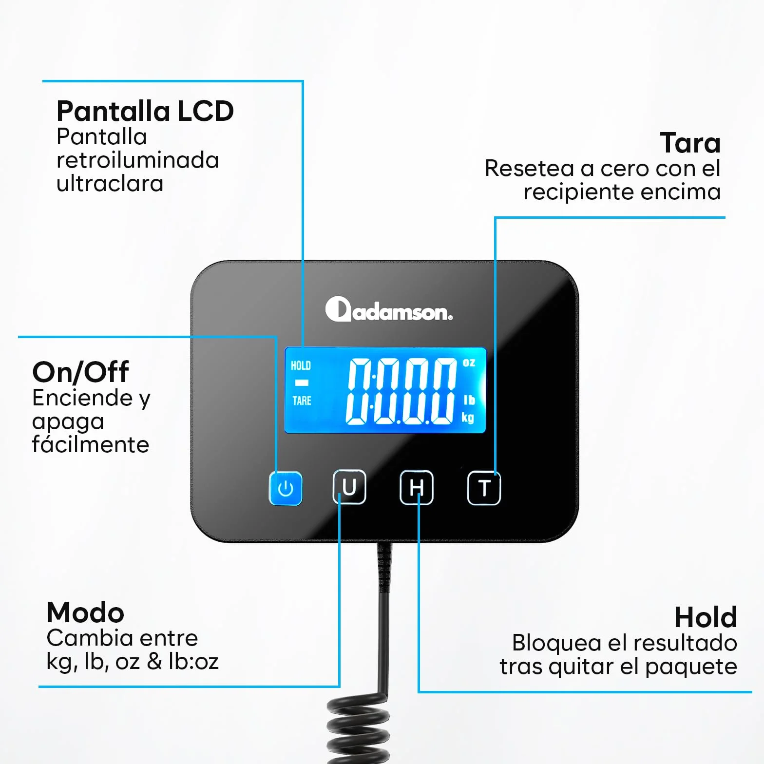 Bascula Industrial - 300 kg - Bascula Comercial de Alta precisión con Función de Retención/Tara - Perfecta para Paquetes, Equipaje, Uso Profesional - Batería y cable incluidos - Plata
