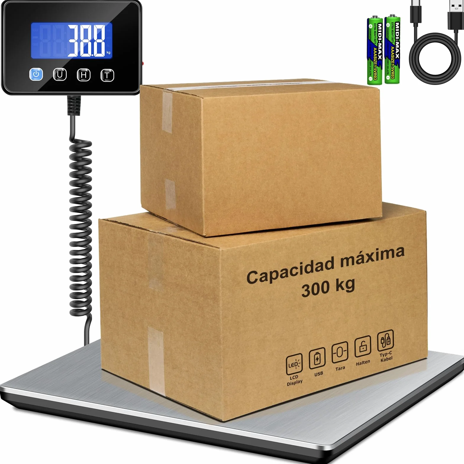Báscula Digital 300kg Alta Precisión 20g, Báscula Industrial y Comercial con Pantalla LCD, Función Tara y Hold, Alimentación USB Recargable y Pilas, para Envíos, Paquetería y Uso Doméstico