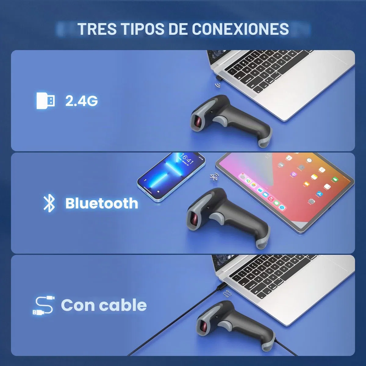 Eyoyo Eyoyo escáner de código de Barras inalámbrico con Soporte, 3-en-1 Bluetooth y 2.4G escáner de código de Barras inalámbrico y conexión USB con Cable, Compatible con Windows,Pos, iOS, Android