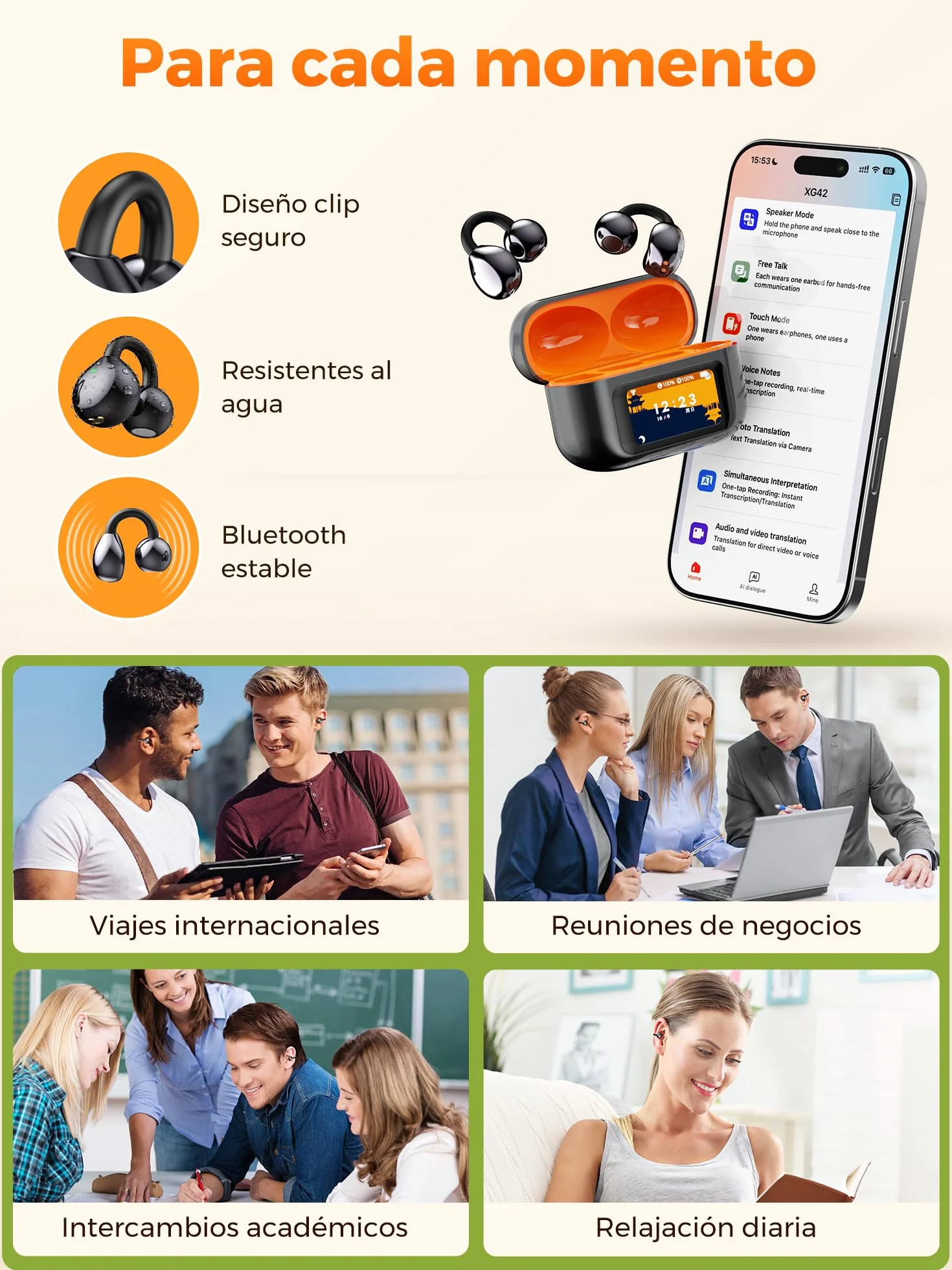 Auriculares Traductor En Tiempo Real: 3-en-1 Auriculares Traductores 159 Idiomas Traductor Instantáneo De Voz Con Pantalla Táctil LCD 7 Modos De Traducción 30H Autonomía Para Viajes Negocios Estudio