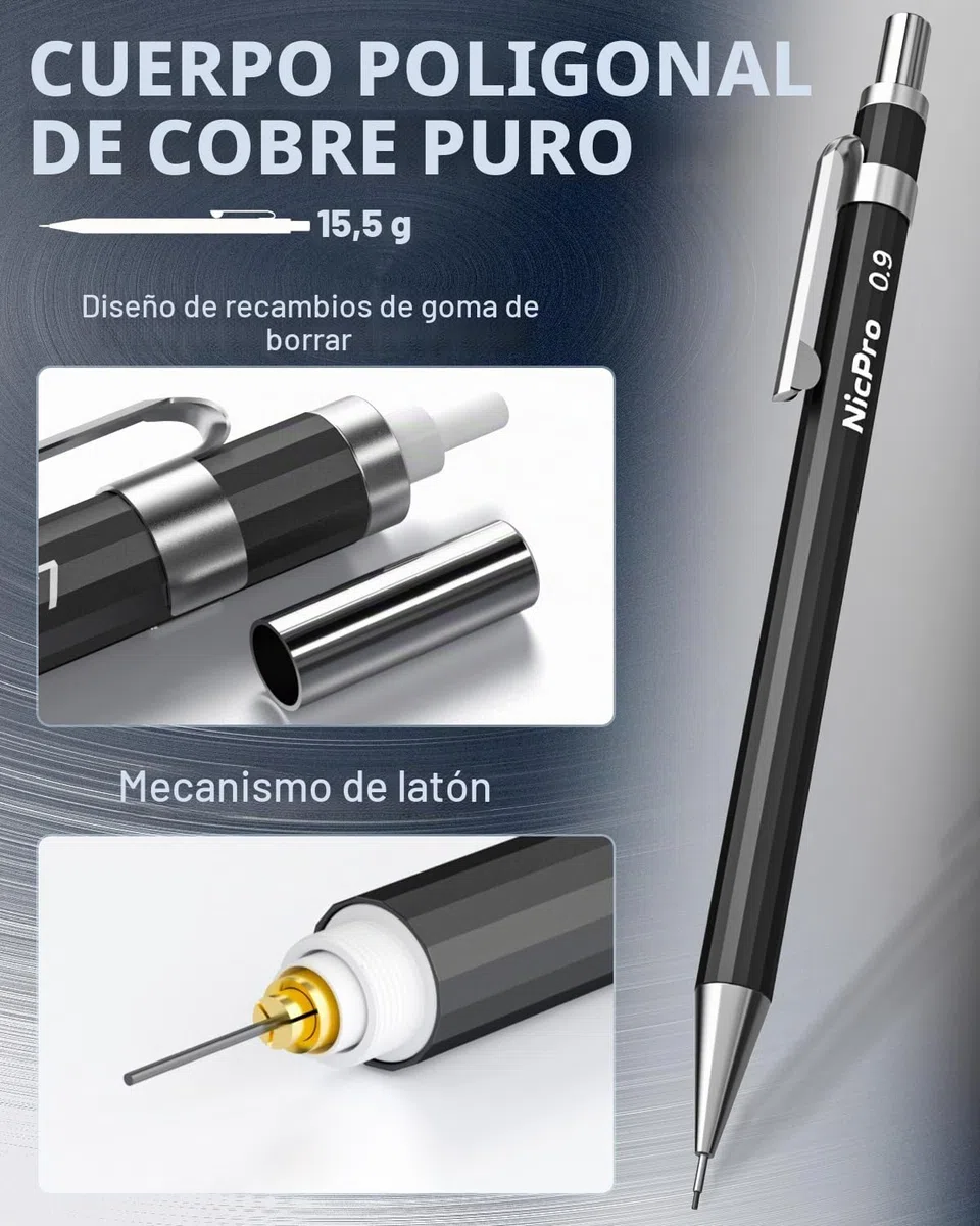 Nicpro 34 portaminas de arte negros, lápiz de dibujo de metal de 0,3, 0,5, 0,7, 0,9 mm y 2 portaminas de 2 mm (6B, 4B, 2B, HB, 2H, 4H) para dibujar bocetos, 19 tubos de repuesto para minas