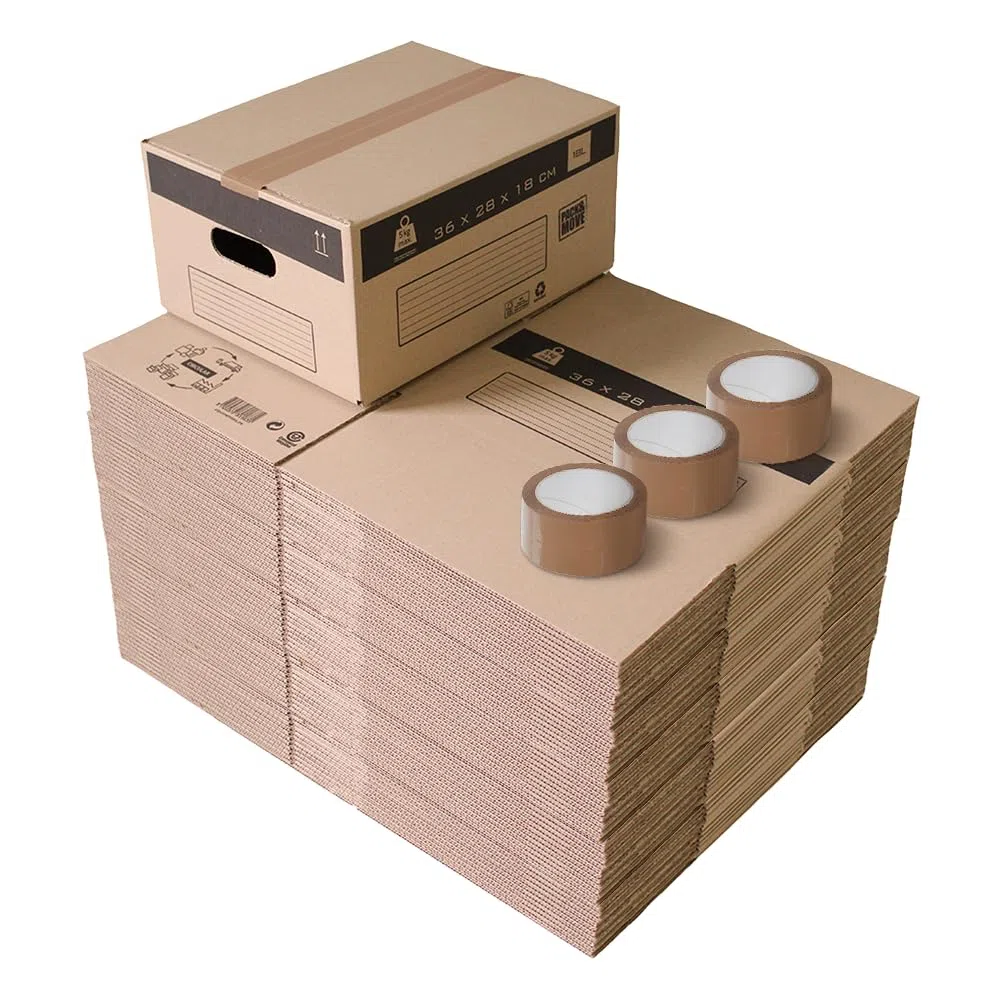 Pack and Move - Lote de 50 cajas de almacenaje para mudanza, 36 x 28 x 18 cm, asas reforzadas, 3 adhesivos