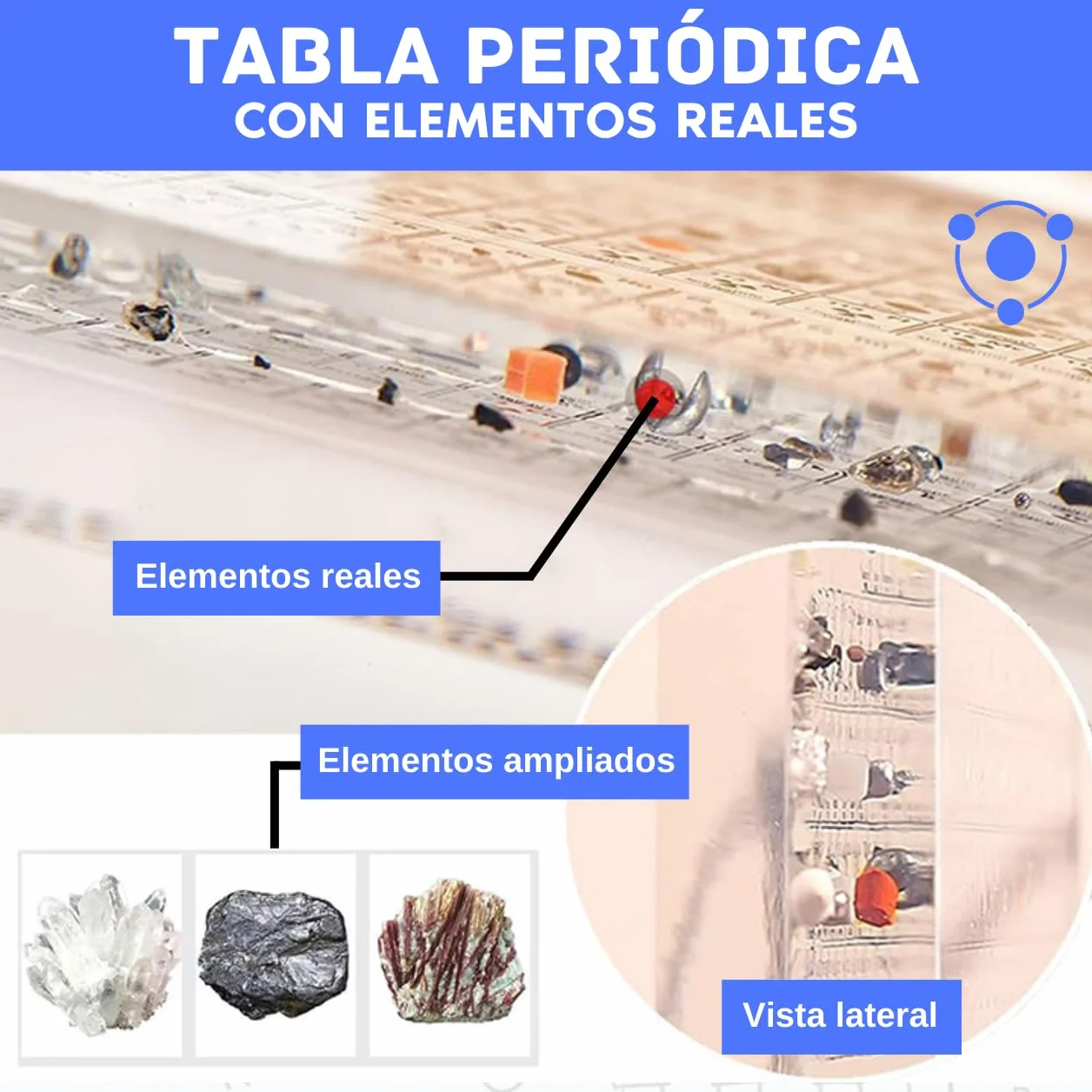 Tabla Periódica con Elementos Reales (16 x 12 x 2,7) - Tabla Acrílica Moderna de Resina con 118 Elementos - Poster 3D Metacrilato Educativo - Regalo Química para alumnos, profesores, aulas… (SIN BASE)