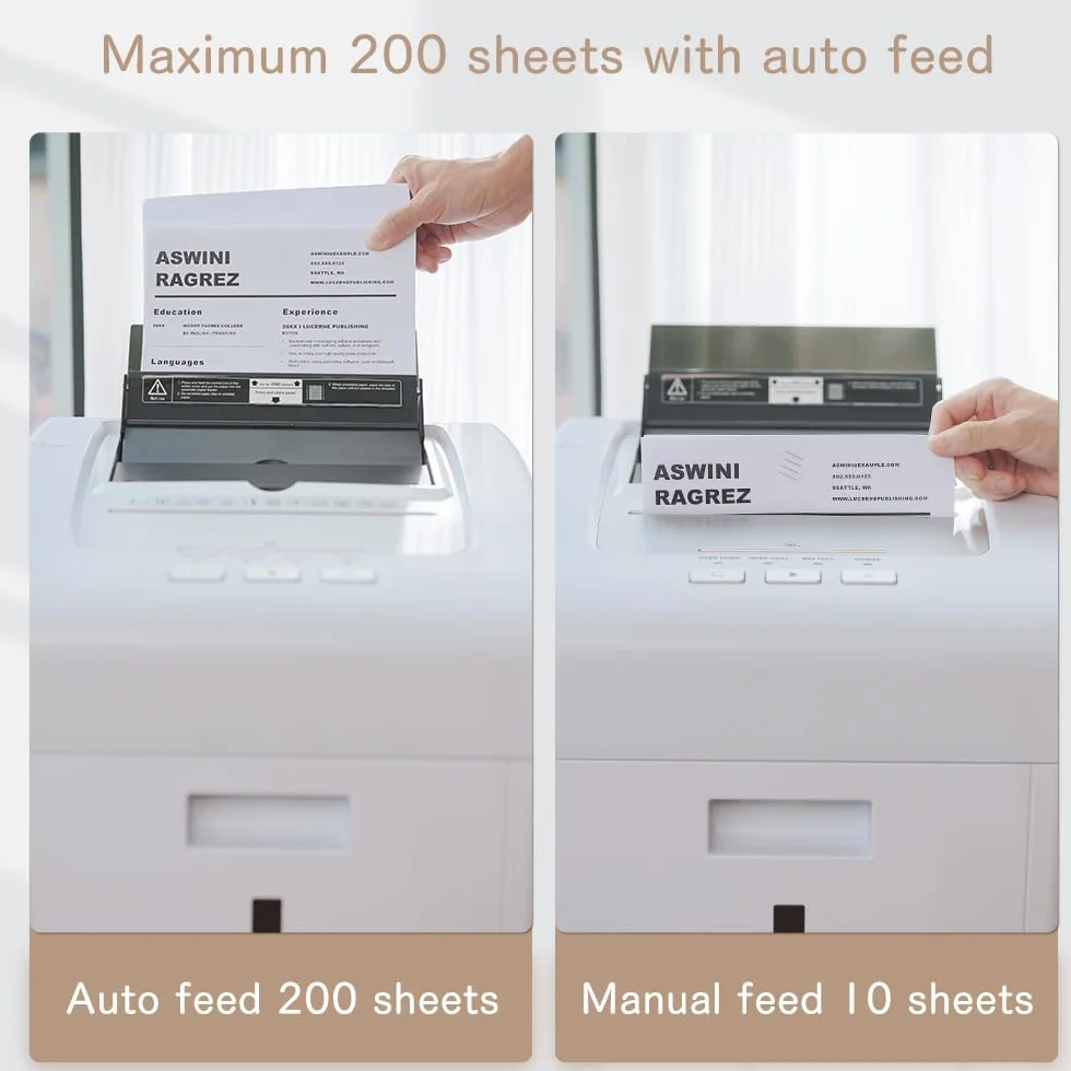 Kalopsia Destructora de Papel Profesional: 200 Hojas Destructora Automatica 60Min Trituradora de Papel Microcorte Seguridad P5 Tarjeta de Crédito/CD/Grapa Destructora Papel Oficina Casa con Cubo 35L