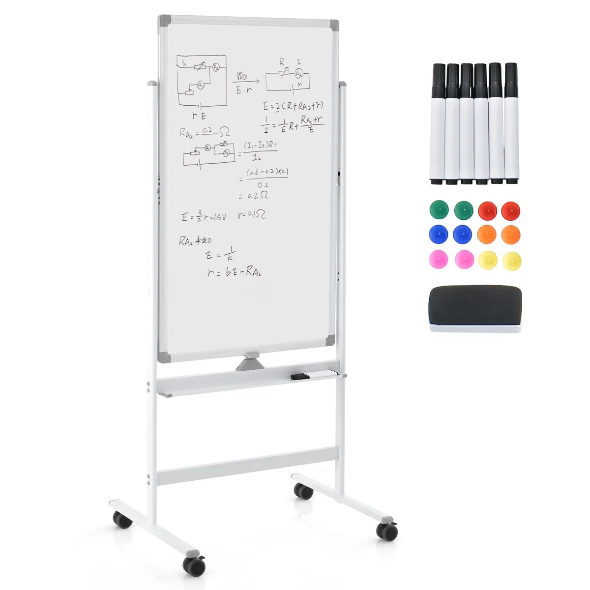 GOPLUS Pizarra blanca magnética con soporte, pizarra blanca de doble cara con juego de accesorios, borrado en seco, pizarra blanca móvil, altura ajustable, para escuela, oficina, hogar (60 x 100 cm