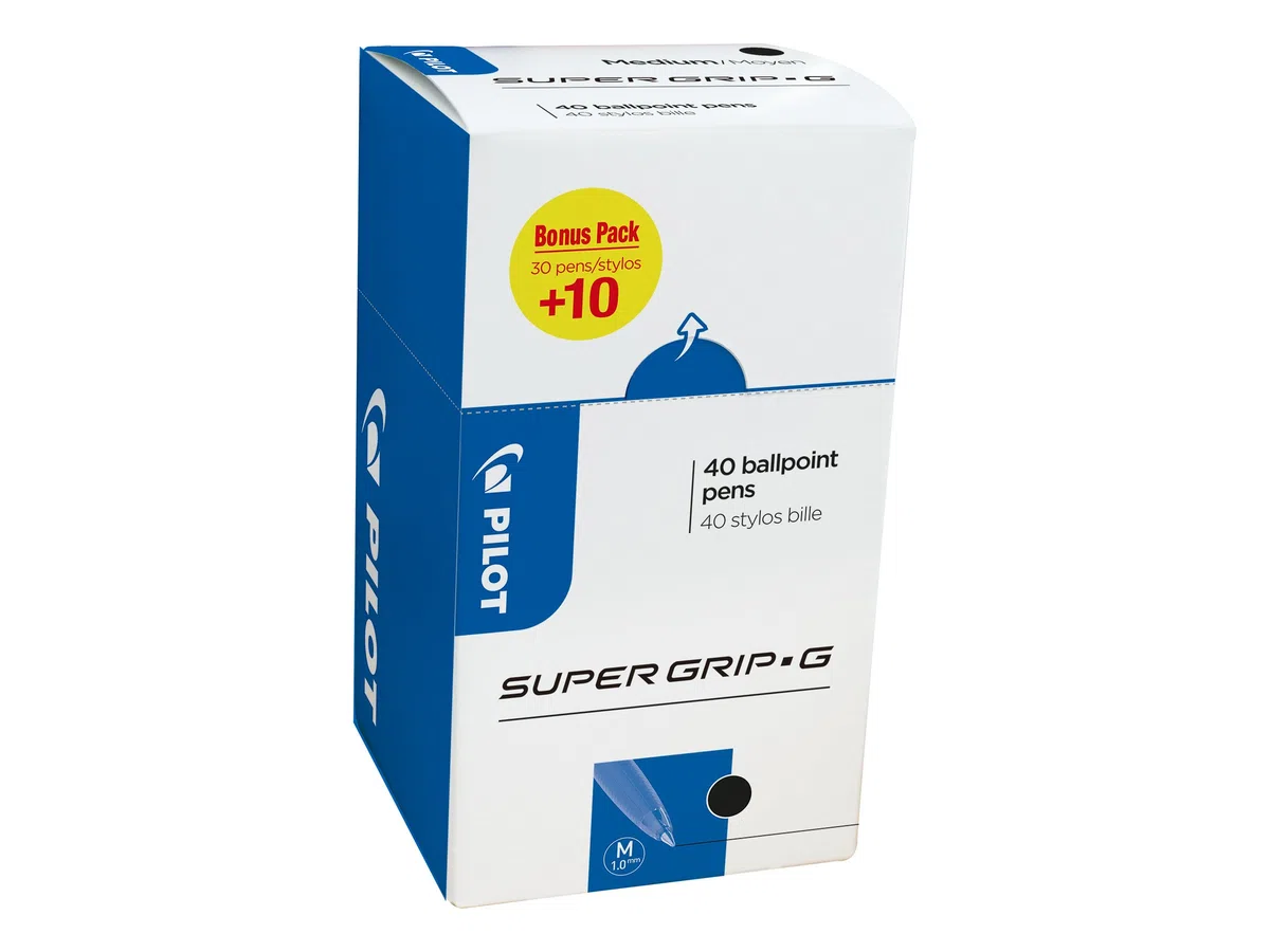 Bolígrafo Pilot Super Grip G Stick - Bolígrafo de punta redonda, trazo mediano, color azul, (40 unidades)., color negro