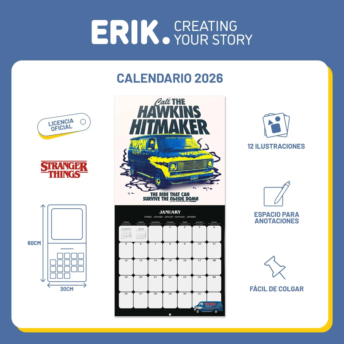 Grupo Erik Calendario Stranger Things 2026 pared - Almanaque pared 2026 : Planificador mensual Con espacio para Anotar, Ilustraciones y Fácil de colgar (30x30cm) - Stranger Things Merchandising