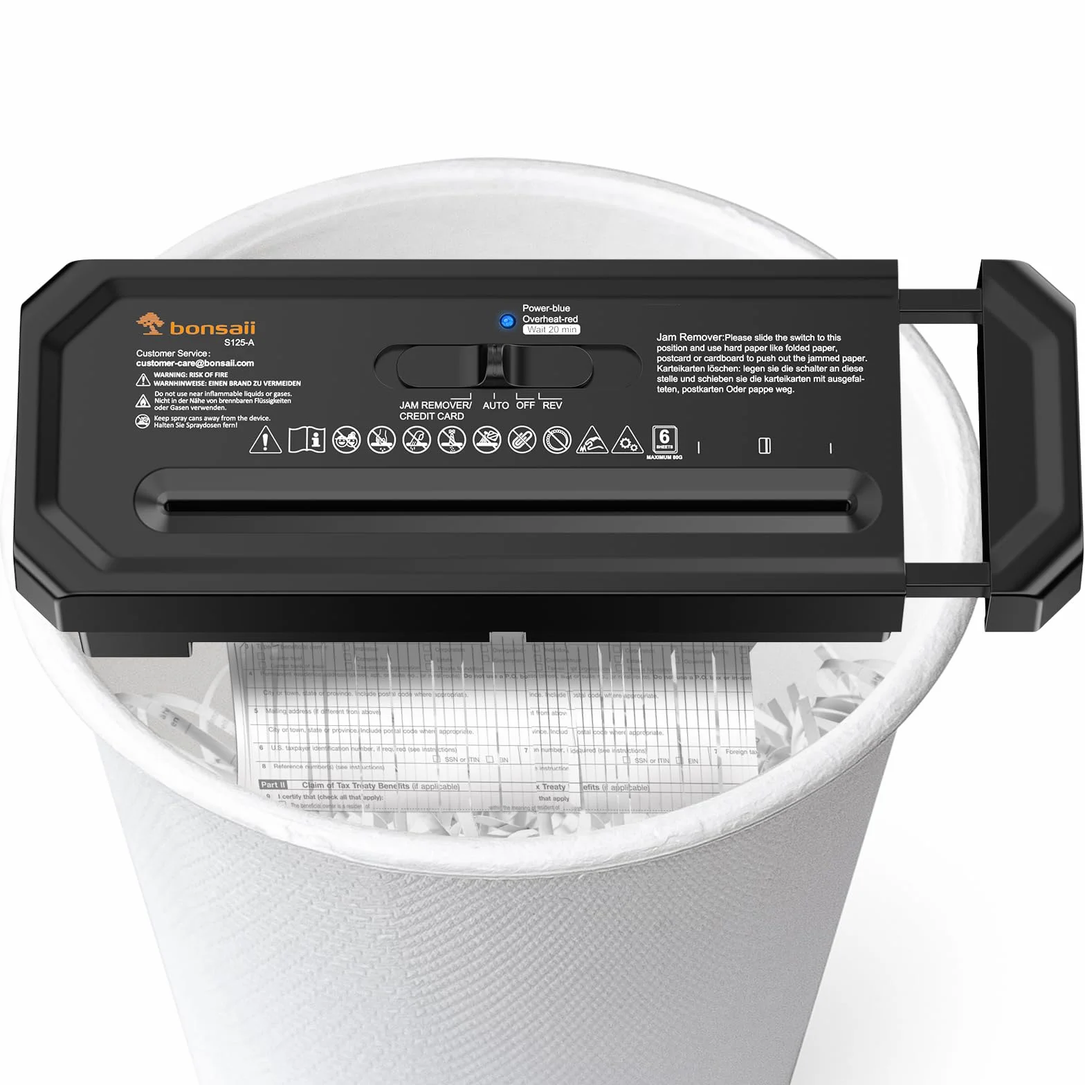 Bonsaii Destructora de Papel de 6 Hojas con Corte en Tiras para Oficina en casa, con trituración de Tarjetas de crédito, Nivel de Seguridad P-2, Apta para Botes de Basura de 31,5–39,5cm, S125-A