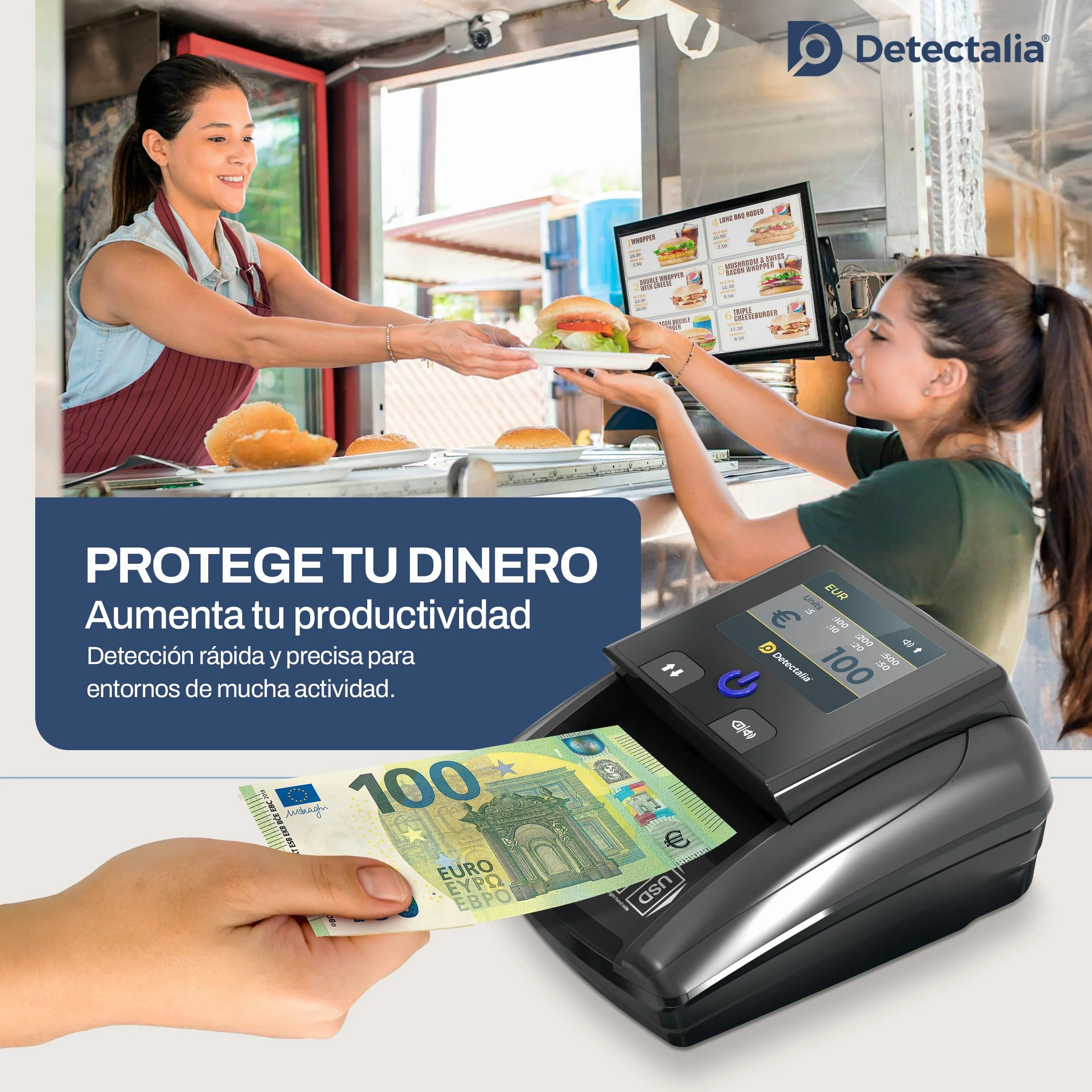 Detectalia D7T+ Detector de Billetes Falsos 5 Sistemas 3 Divisas EUR GBP USD Pantalla TFT