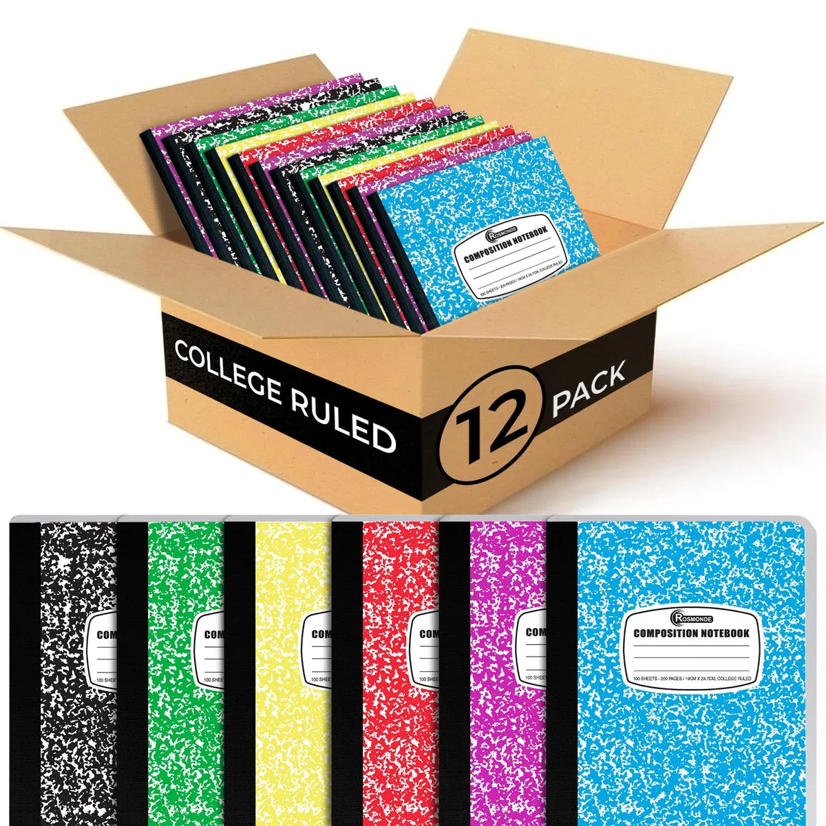 Rosmonde Paquete de 12 cuadernos de composición a granel con rayas universitarias, 200 páginas (100 hojas), 9-3/4 x 7-1/2, cuadernos de tapa dura con rayas universitarias, cuaderno de composición de