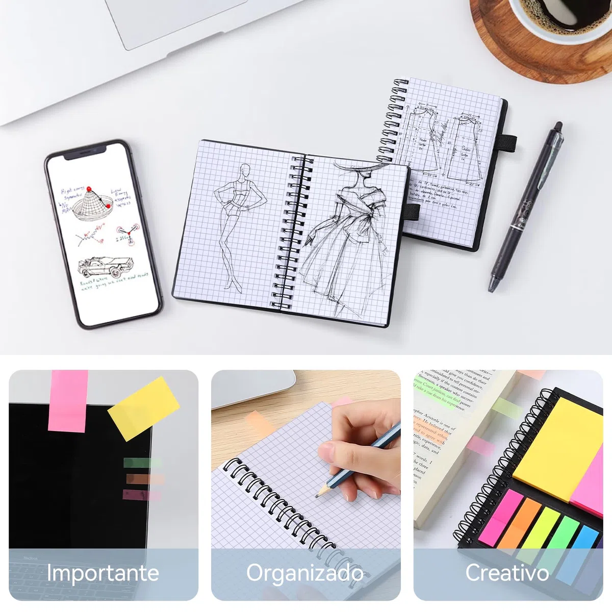 AGPTEK Libreta Pequeña A6 Cuaderno Espiral de Bolsillo con Notas Adhesivas de Colores, Bloc de Notas con Tapa Kraft para Estudio y Oficina