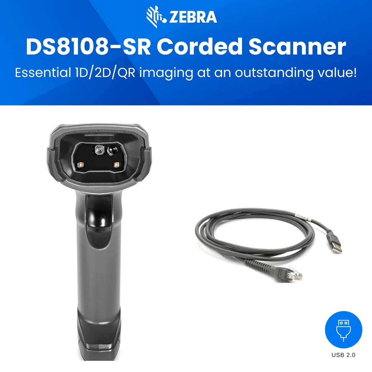 Zebra DS8108-SR Escáner de código de barras | Escáner de código QR 1D 2D de alta resolución | Kit USB | Cable USB blindado | Con cable
