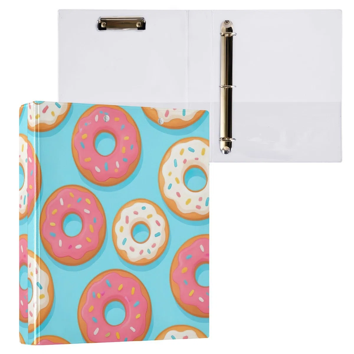Carpeta de tres anillos con diseño de donas coloridas, color rosa, blanco y azul, carpeta de anillos en D, paquete de 2 | Con portapapeles y bolsillos, para escuela, universidad, oficina