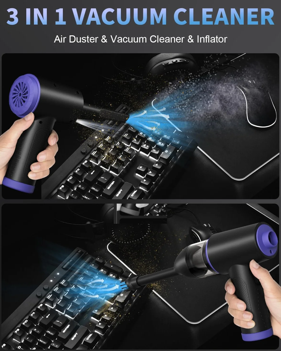 CLEVAST Soplador de Polvo Eléctrico, 3 in 1 Plumero de Aire Comprimido 110000RPM, 3 Velocidades Aire Comprimido Limpieza PC Con LED, Soplador de Aire para Laptop Teclado