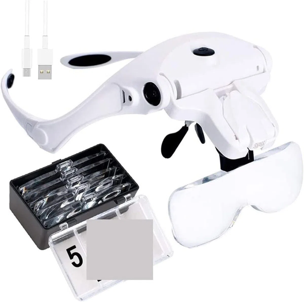 Lámpara de lupa manos libres, lupa con cabeza de cabeza de carga USB con luz LED, joyería, reloj de manualidades, 5 lentes, cuello de cisne flexible, brazo de matrimonio,