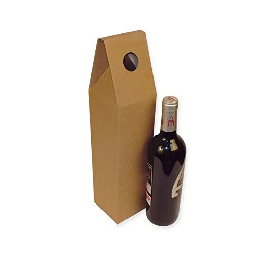 Pack 50 Cajas para envíos de 1 botella con asa. Automontable y de color marrón.