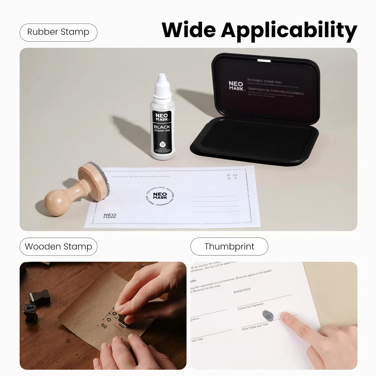 NEO MARK Kit de almohadillas para sellos (tinta de 1 onza incluida) – 4.4 x 2.3 pulgadas, tapa magnética, almohadilla de fieltro de alta calidad (negro)