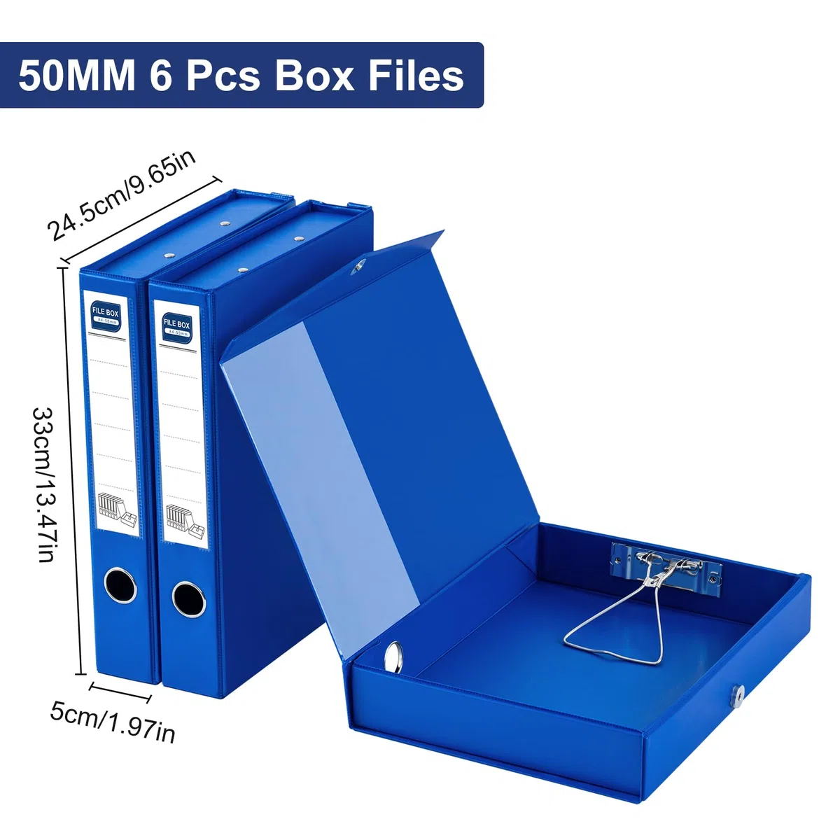Cajas de almacenamiento para archivos, 6 unidades, cajas de plástico con tapa, lomo de 50 mm, cajas de archivo con clip, color azul
