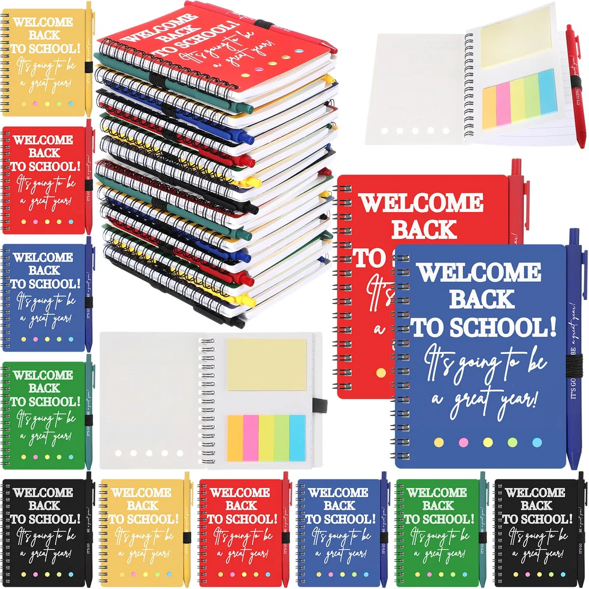 Dunzoom 40 cuadernos de bienvenida para el regreso a clases, 20 cuadernos para el primer día de escuela, con pestañas adhesivas, 20 bolígrafos inspiradores para recompensa para profesores y