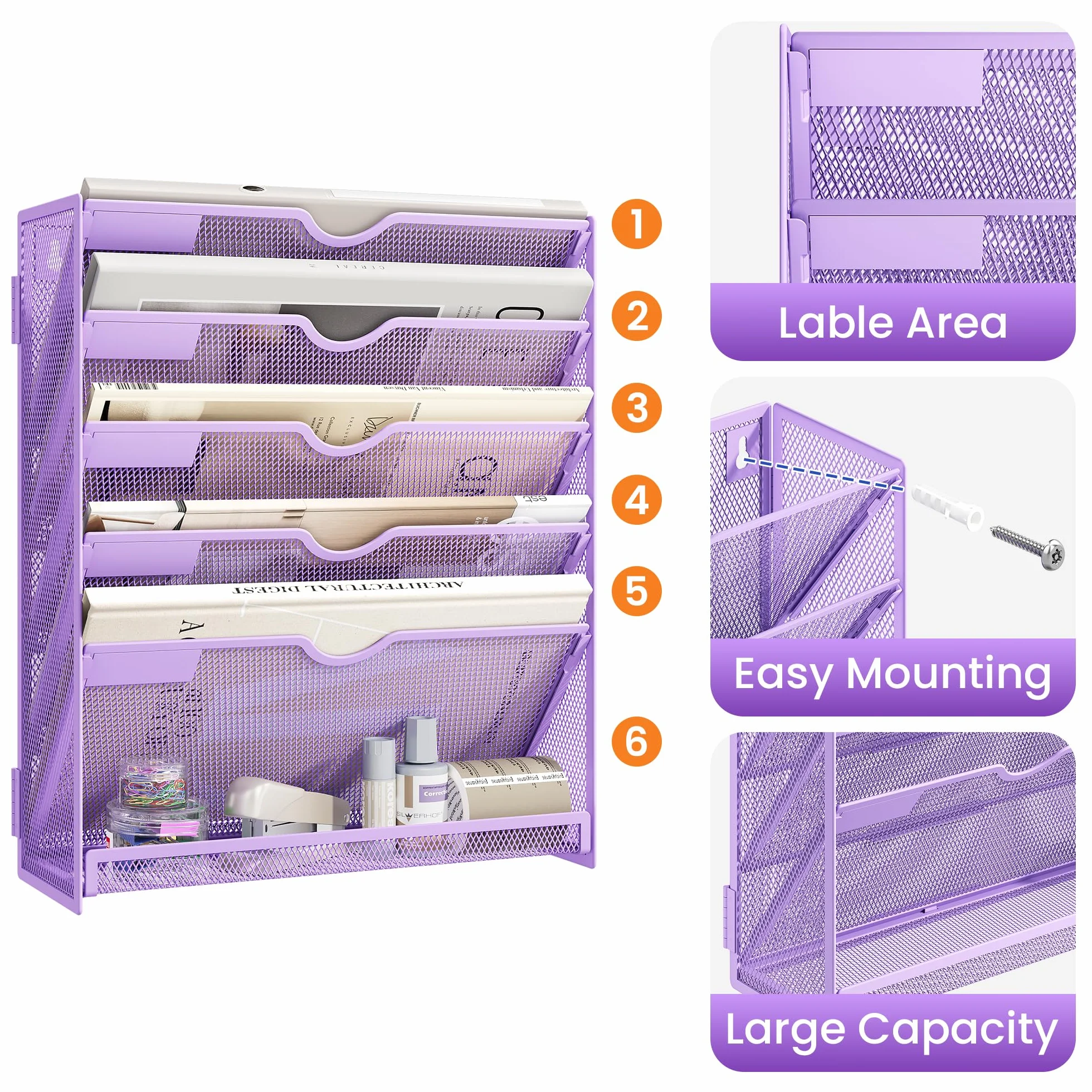 VITVITI Organizador de Archivos A4 6 Niveles, Soporte de Pared para Revistas, Morado
