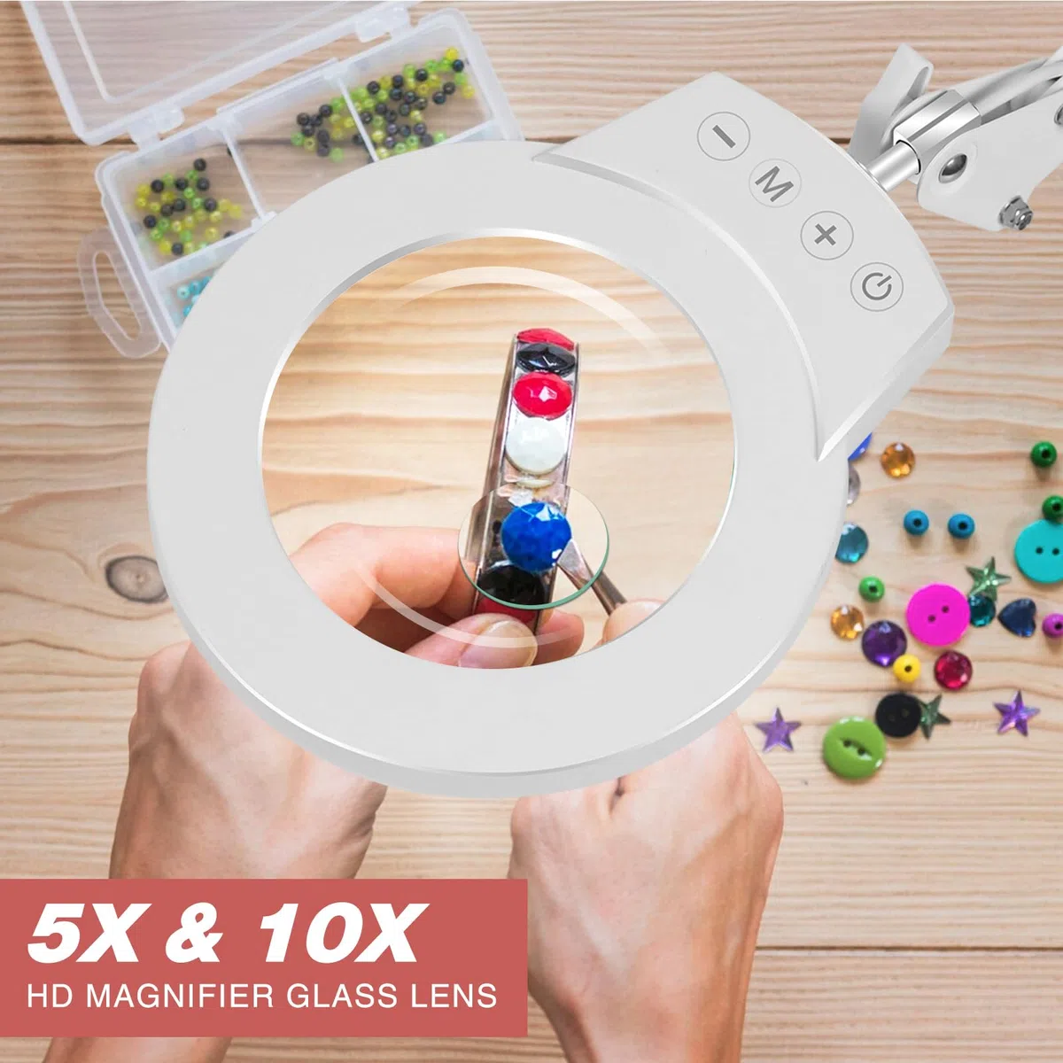 NOEVSBIG Lupa 2 en 1 con luz y soporte, lupa 10 x y 5 x, lámpara de escritorio con gran base y abrazadera, 3 modos de color, regulable, lámpara de lupa LED para hobby, lámpara con lupa con soporte