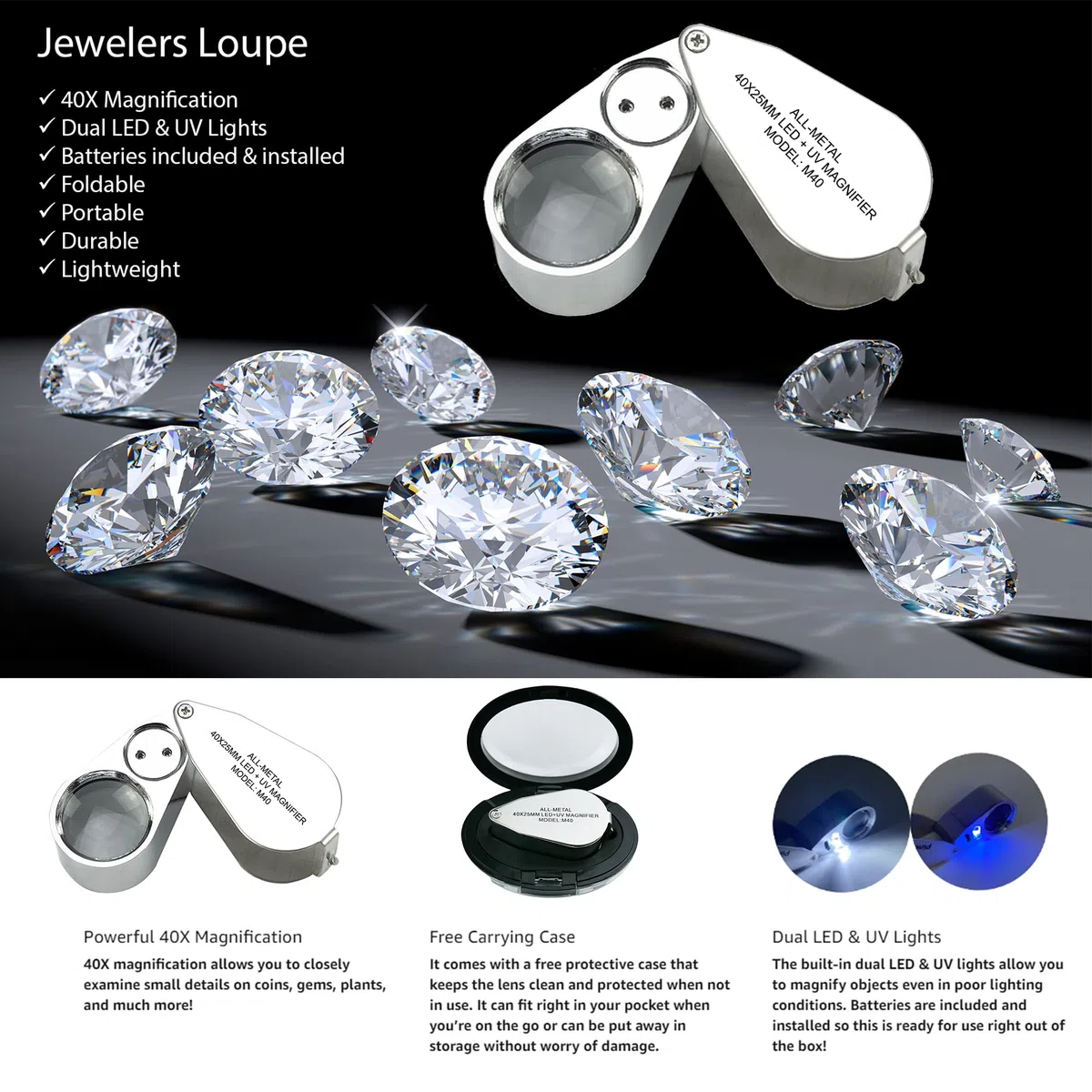 Pineapple Lupa 40X Jewelers con luz, Lupa con luz UV, Lupa de Bolsillo de Metal iluminada por LED para Joyas, Plantas, Monedas, Monedas, Diamantes, Sellos