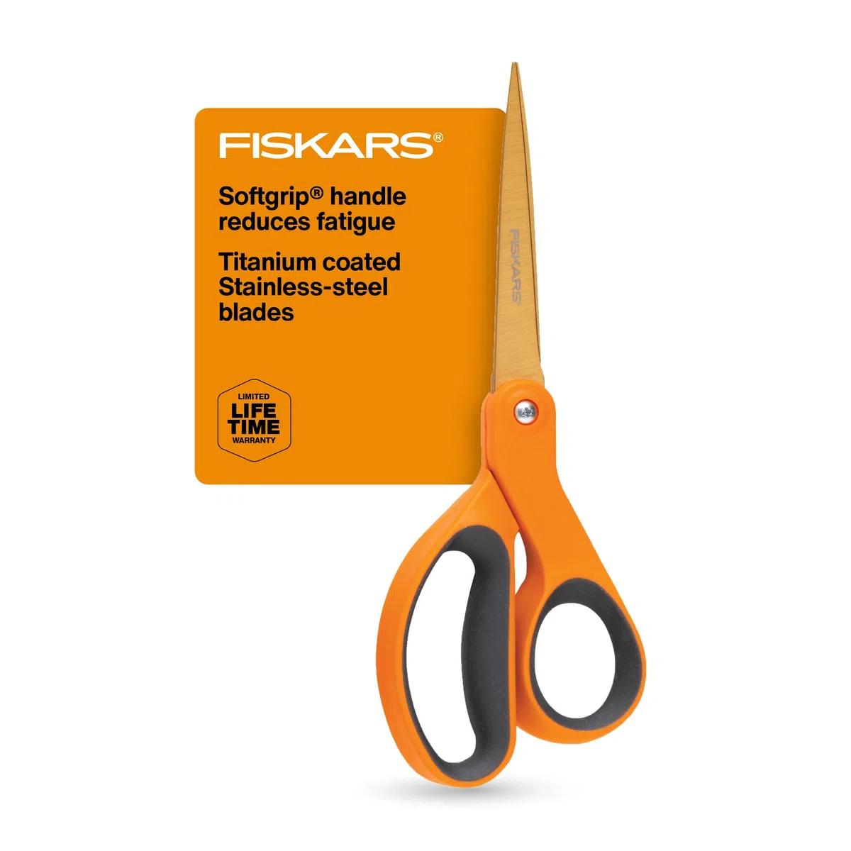 Fiskars 01-004244J Premier Softgrip Tijeras rectas de titanio para adultos, 20,3 cm, naranja, acero inoxidable, paquete de 1