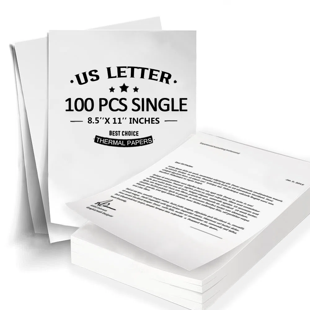 100 hojas de papel térmico individual de 8.5 x 11 pulgadas, color blanco, tamaño carta de EE. UU. para impresora portátil, compatible con impresora térmica, A285M/PD-A4/M08F-Letter/D810, etc