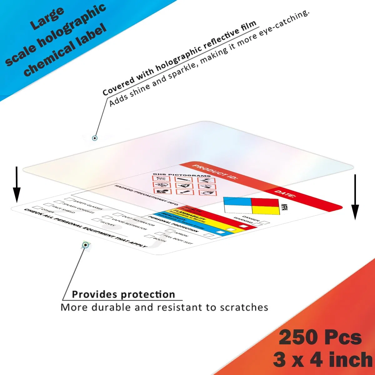250 calcomanías holográficas HMIS OSHA de datos de seguridad química peligrosa de 4 x 3 pulgadas SDS Etiqueta de identificación de seguridad química MSDS con pictogramas GHS para HMIS y Hazard