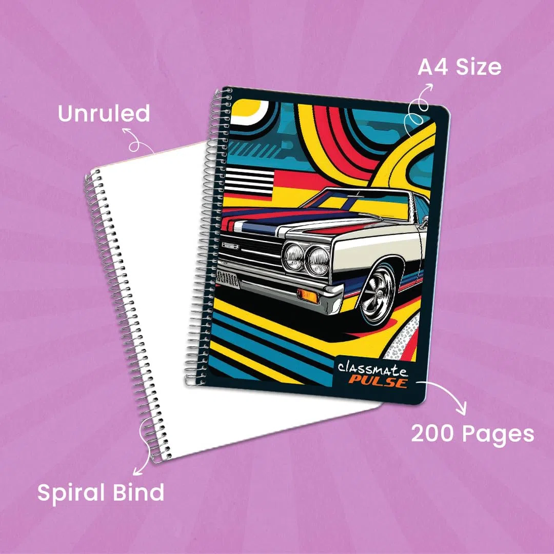 Classmate Pulse - Cuaderno de espiral de una sola materia, paquete de 4, sin rayas, 200 páginas, 24 x 18 cm, atractivos diseños de portada, tapa suave, cuadernos para estudiantes universitarios