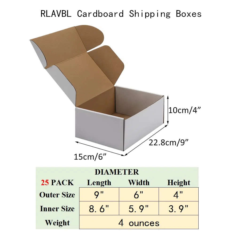 RLAVBL Cajas de envío 9x6x4 Juego de 25, caja de cartón corrugado blanco